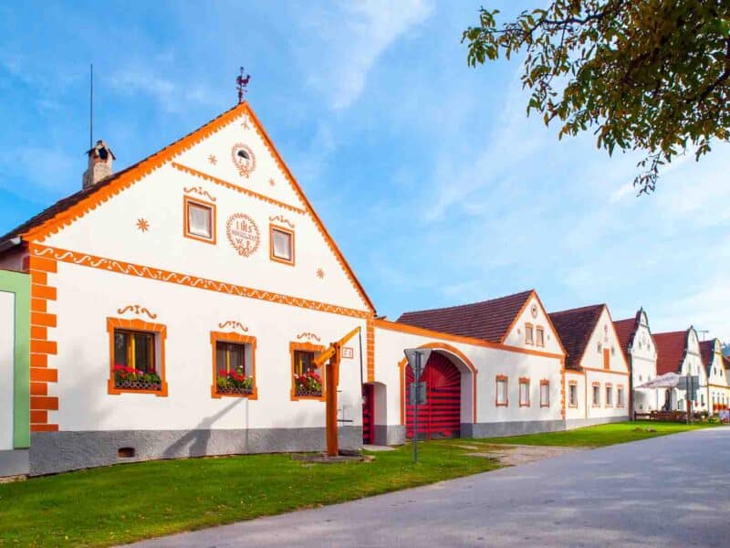 Traditional white and orange buildings in Holašovice Czech Republic