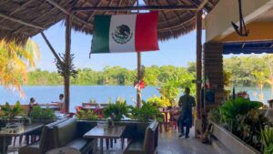 view of the interior of cenote azul restaurant in Bacalar