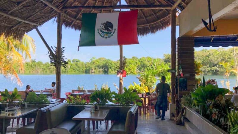 view of the interior of cenote azul restaurant in Bacalar