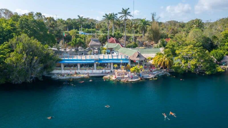 Exterior drone phot of Cenote Azul at Laguna Bacalar