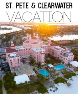 Drone phot of the Don Cesar hotel at sunrise for a pin with text over St Pete Beach Vacation