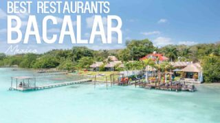 Drone view of restaurants in Laguna Bacalar Mexico