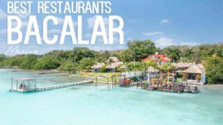 Drone view of restaurants in Laguna Bacalar Mexico