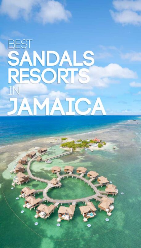 Drone photo of sandals resort in Jamaica with overwater bungalows - Pin