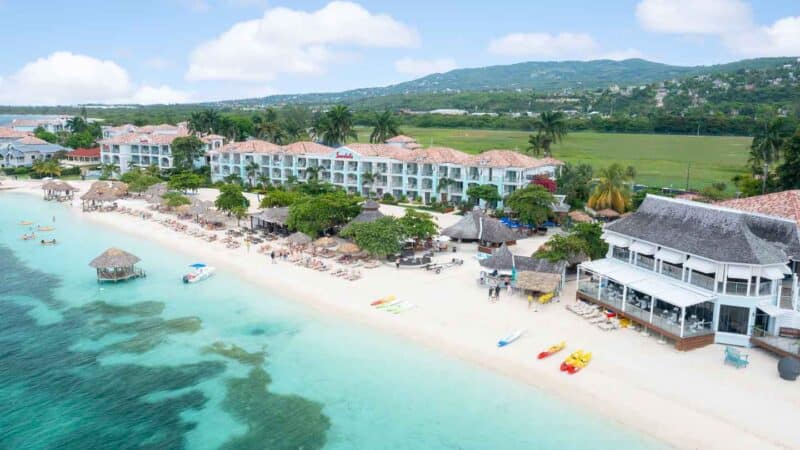 Aerial view of the Sandals Montego Bay Resort showing the Rooms and Beachfront Restaurants - Jamaica