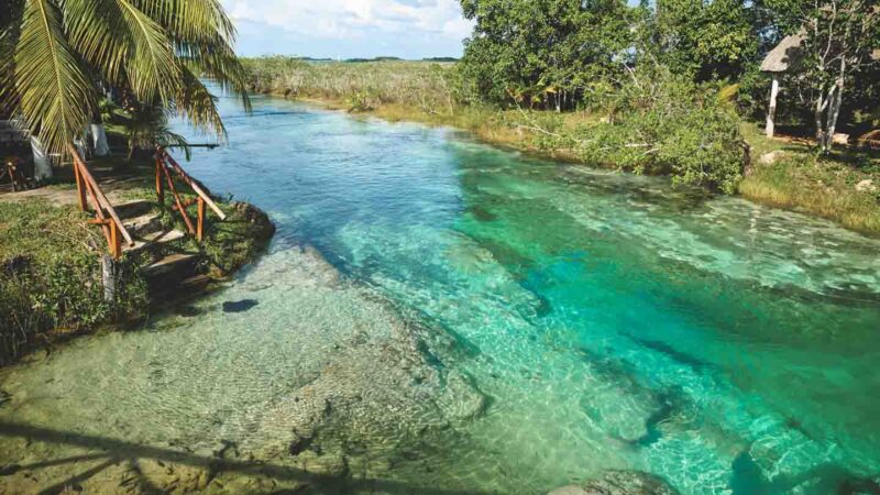 los Rapidos in Bacalar narrow channel of gorgeous turquoise water