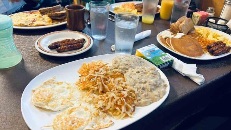 table full of breakfast in Wisconsin Dells BJ's restaurant