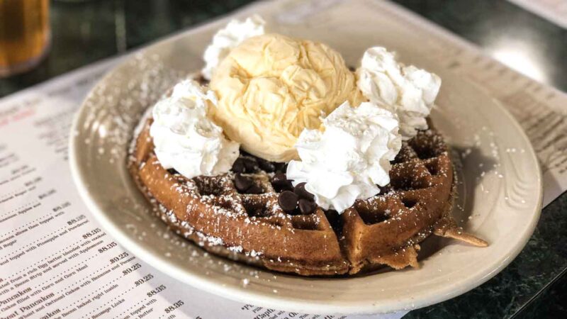 waffle with ice cream at Mr. Pancake Wisconsin Dells breakfast