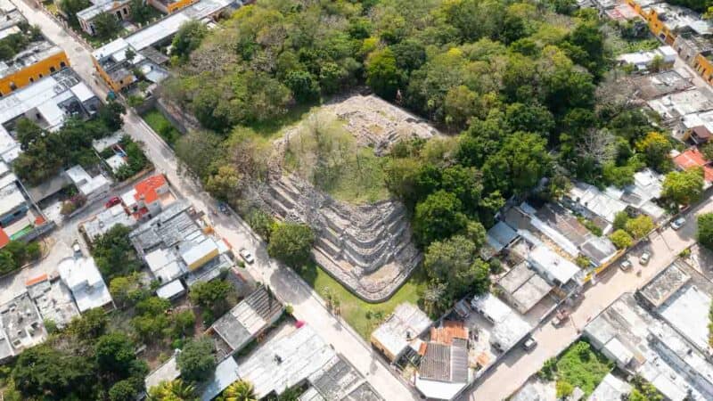 Aerial drone view of the Mayan ruins of Piramide de Itzamatul Pyramid in Izamal