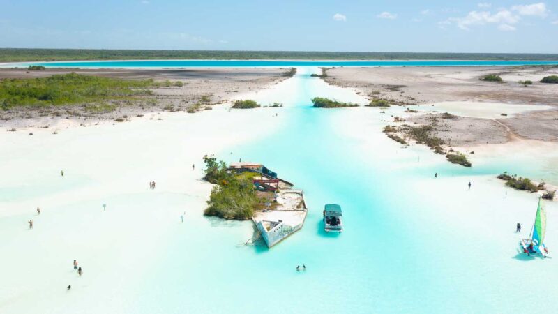 Aerial view looking down the Pirates Canal in Laguna Bacalar