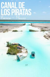 Drone photo looking into the Canal of the Pirates also known as Canal de los Piratas in Laguna Bacalar Mexico - Pin
