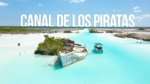 aerial view of Canal de Los Piratas in Laguna Bacalar - Featured image with white text
