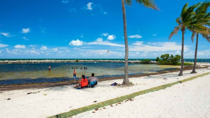 Harry Harris Beach Key Largo with people sitting on the sandy beach