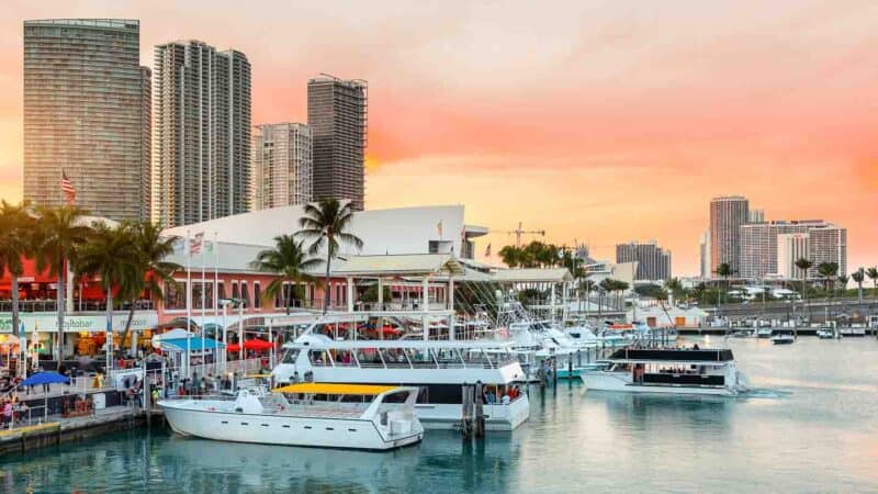 View from the Marina looking at the Bayside Market at sunset