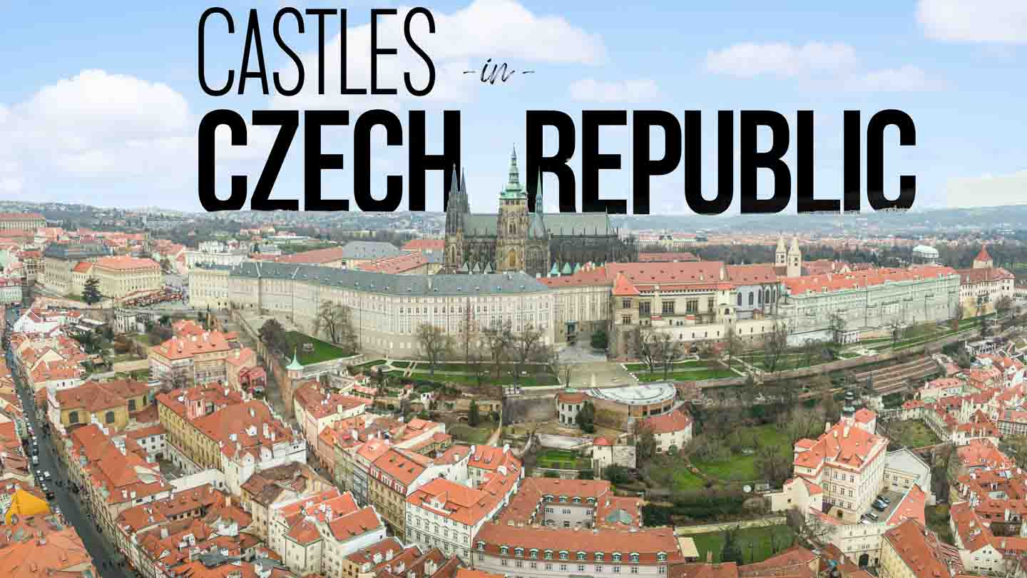 Aerial View of Prague Castle in Czech Republic with orange roof tops surrounding the large castle - featured image with black text