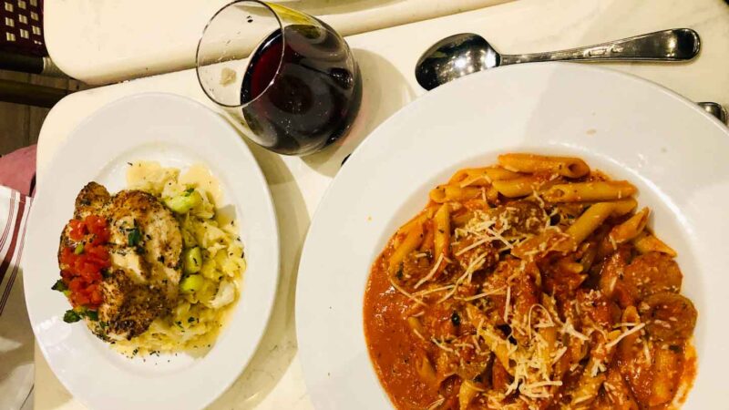 pasta and wine at Ciao Hound restaurant in Islamorada