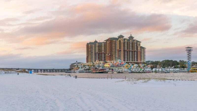 View of prominent buildings in Destin Florida at sunset