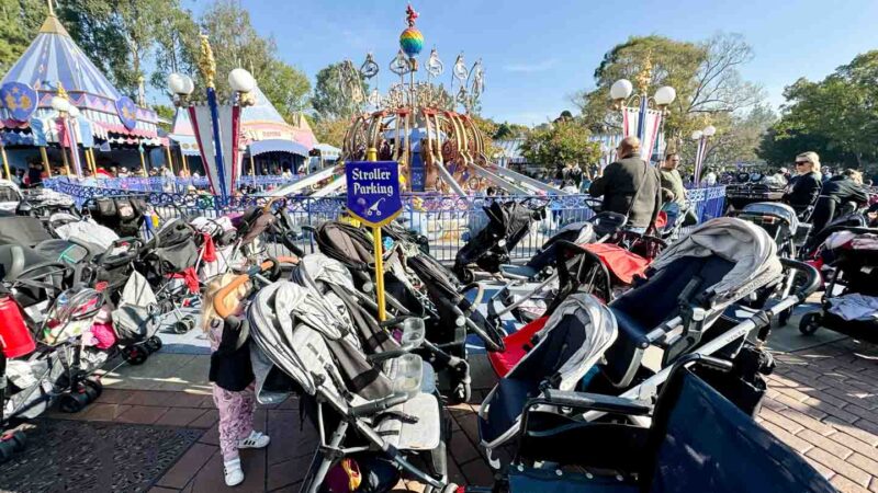 Disney stroller parking area with a ton of strollers.