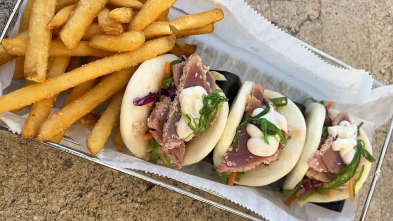 seared tuna tacos in a bao bun and french fries at the Hungry Tarpon restaurant in Islamorada 