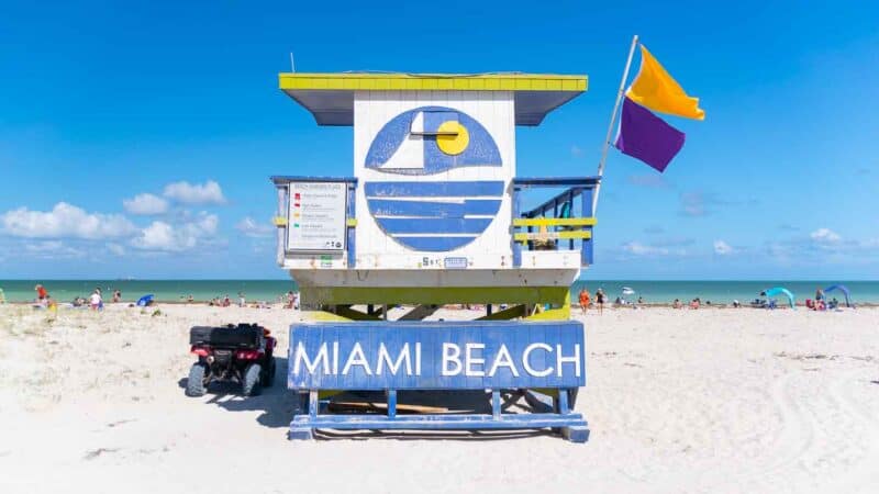 White blue and yellow life guard shack on Miami Beach - must do things in Miami