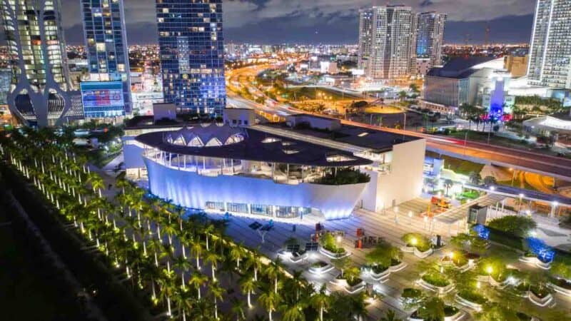 Aerial drone view t night of the Phillip and Patricia Frost Museum of Science in Miami