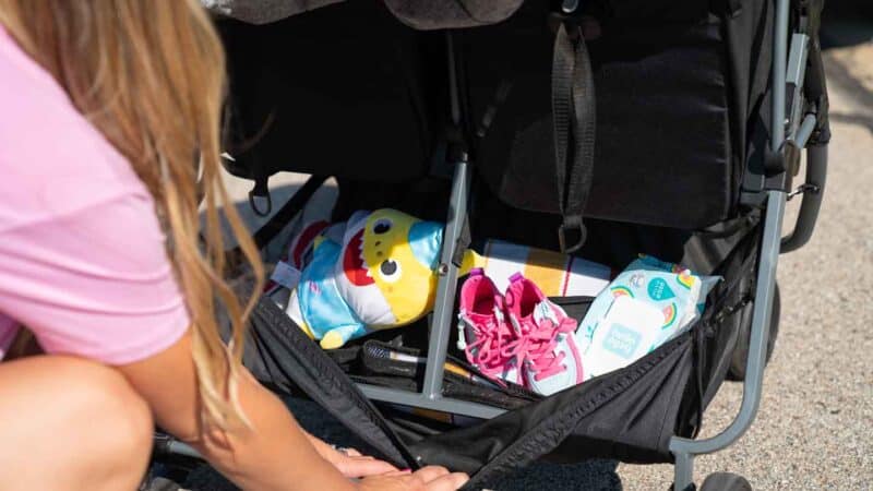 storage basket on Zoe double stroller