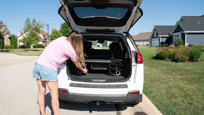 Wagon in car with wheels on