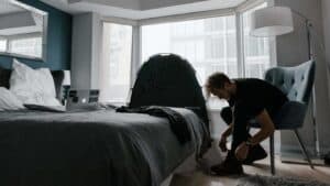 man in hotel with Slumberpod