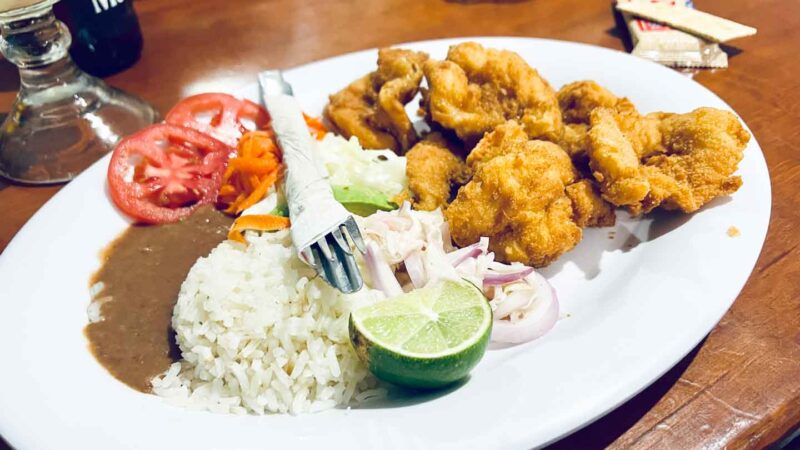 Fried shrimp on a plate with rice