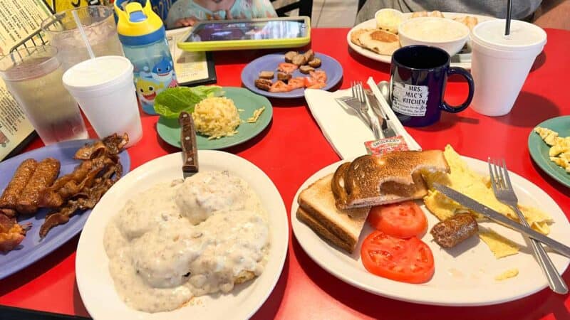 table at Mrs Mac's Kitchen full of breakfast food in Key Largo Florida