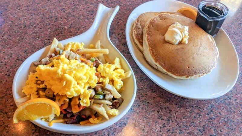 breakfast skillet and pancakes for breakfast