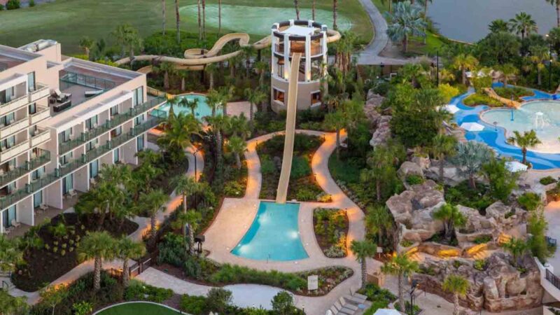 Aerial view of waterpark slides at Orlando World Center Marriott
