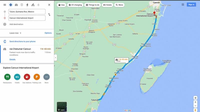 map drive from Cancun to Tulum