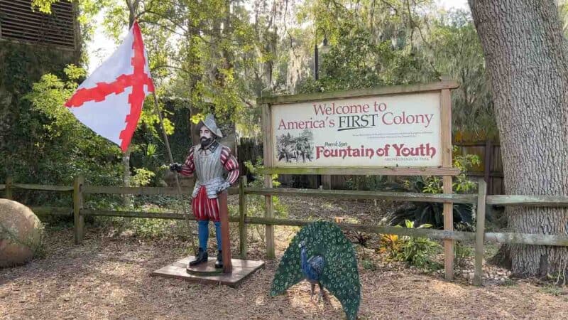 Statue of Ponce De Leon in front of the Fountain of Youth Archeological Park