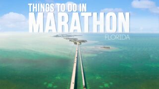 Aerial view of the 7 mile bridge - featured image with white text - Things to do in Marathon Florida