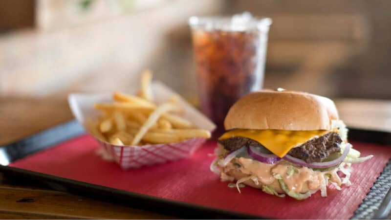 burger and fries at Georgie Porgies Treefort restaurant