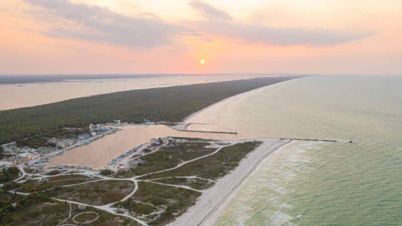 Aerial drone photo of El Cuyo Mexico at sunset