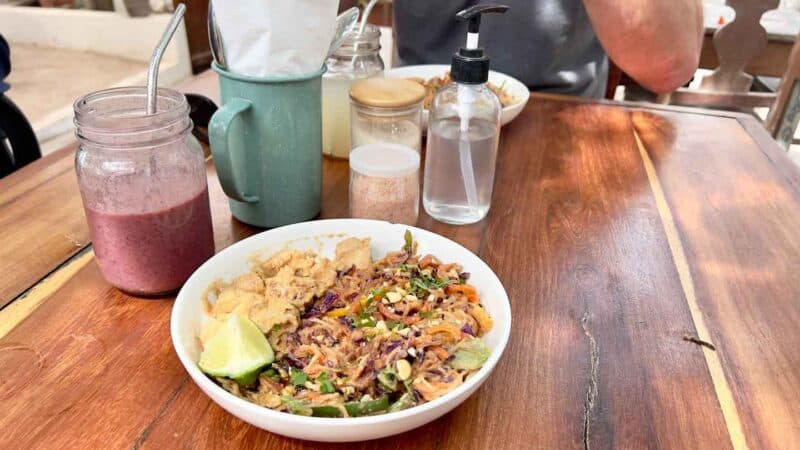 Pad Thai Bowl and Smoothie at Naia Cafe in El Cuyo Mexico