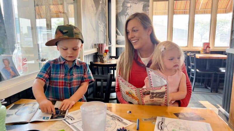 mom and two kids at the House of Flavors Restaurant in Ludington Michigan for breakfast