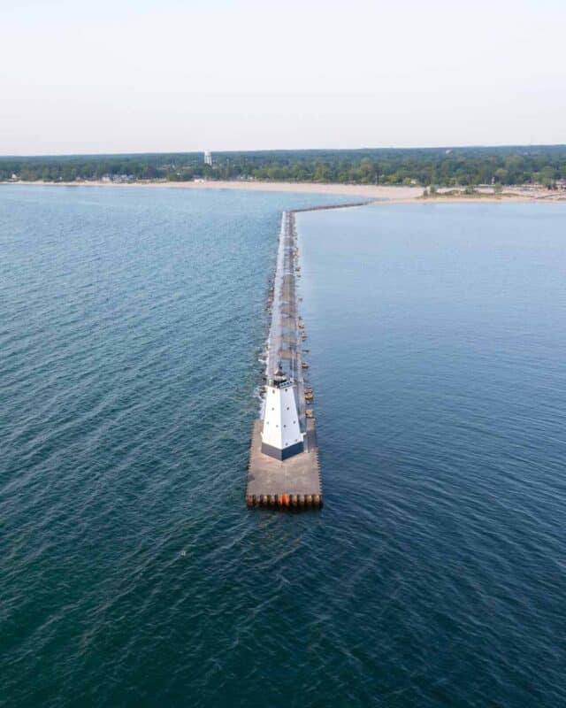 drone photo of Ludington Michigan beach and Northwater Break Light