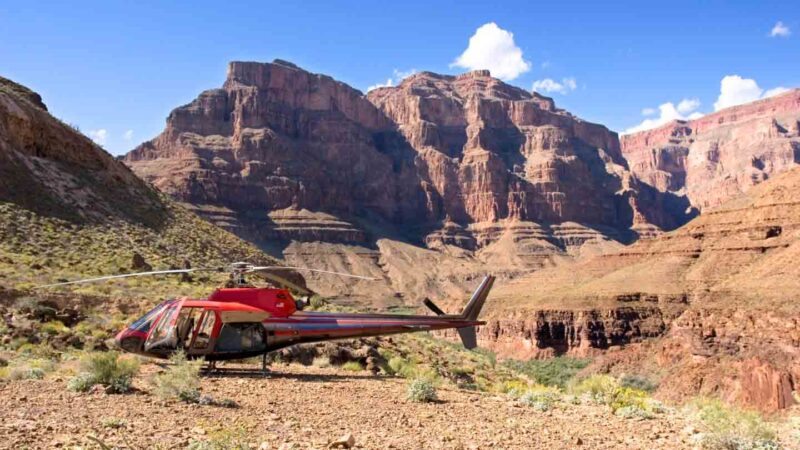 helicopter in Grand Canyon stopped during a helicopter tour