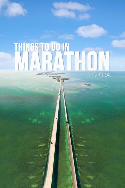 Pinterest pin of an aerial drone photo of the 7 mile bridge in the Florida Keys with white text - Things to do in Marathon Florida