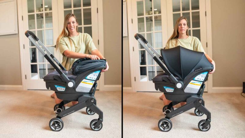 women opening and closing the canopy on a car seat stroller from Evenflo 