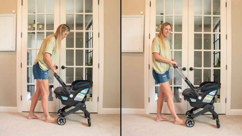 mom adjusting the handle bar on a car seat stroller combo DualRide