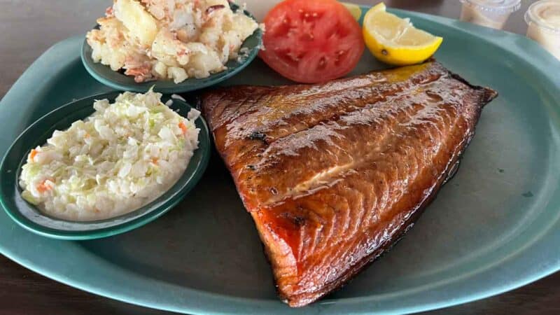 smoked fish on a plate with coleslaw at Ted Peters Smoked fish in St. Petersburg Florida