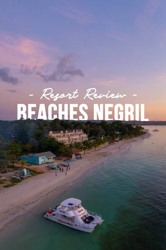 Sunset drone photo of Beaches Jamaica family resort in Negril