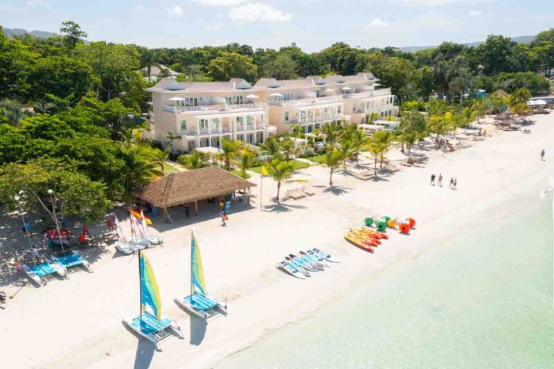Aerial view of the watersports at Beaches Negril including kayaks, Hobie Cats, Water trikes