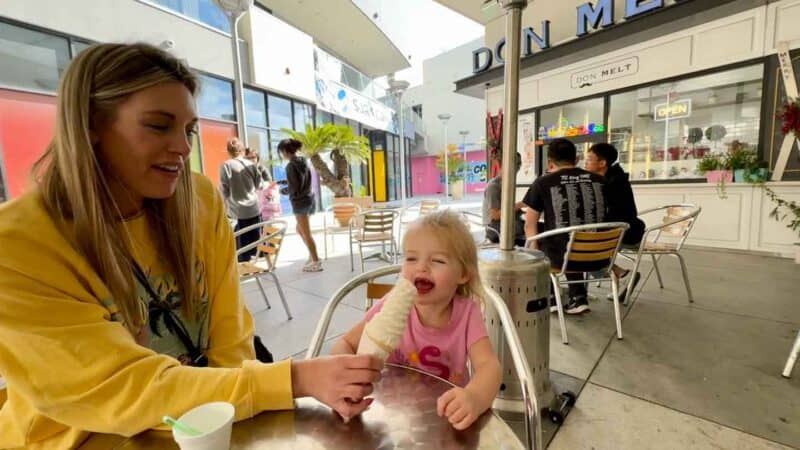 Mom and daughter having a ice cream cone from Don Melt at the The Source OC mall in Buena Park California