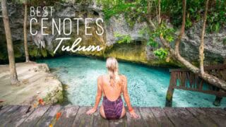 Woman in a purple swimsuit sitting in Gran Cenote - one of the best cenotes in Tulum - Featured Image with White Text