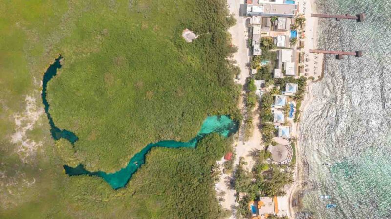 areial drone phot of Casa Cenote near Tulum - River like cenote flowing into the ocean through the dense mayan jungle